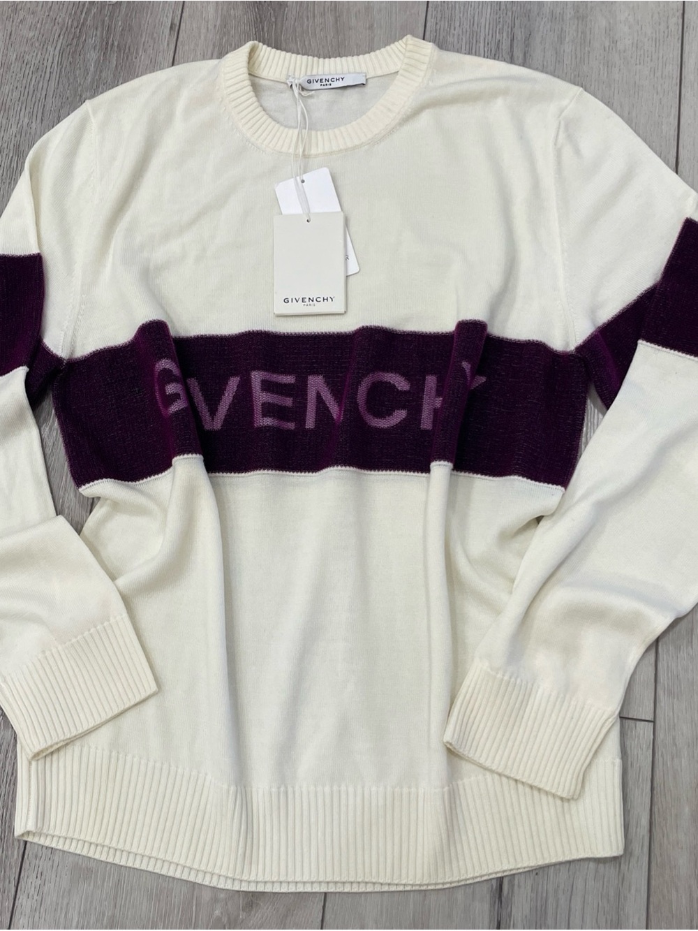 Givenchy Cream Crewneck Sweater with Purple Logo Stripe